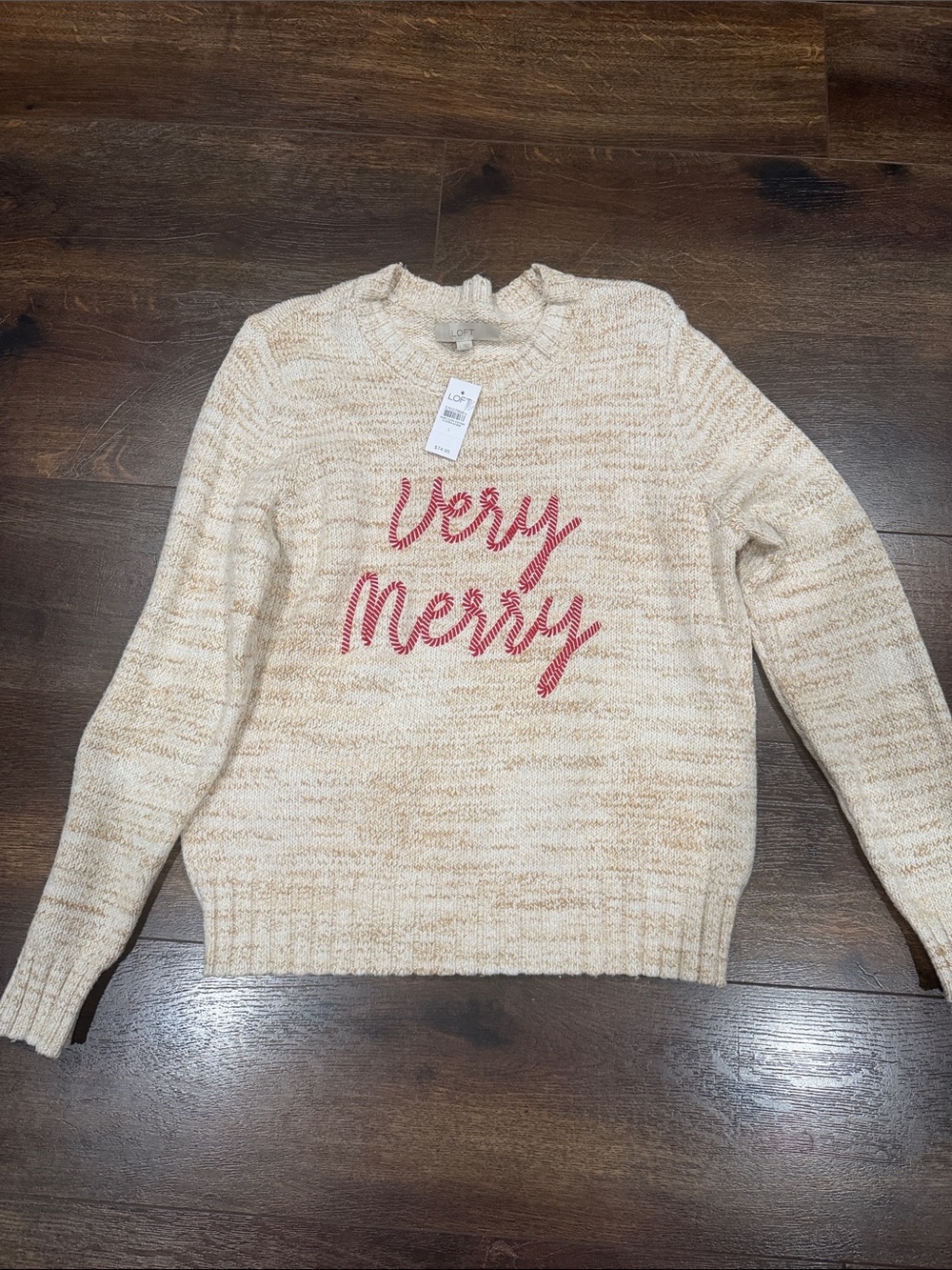 LOFT Cream Knit Crewneck Sweater with Red 'Very Merry' Script